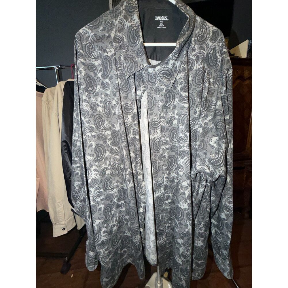 KingSize Paisley Button Up Shirt Black Gray Mens 4XL Big Casual
